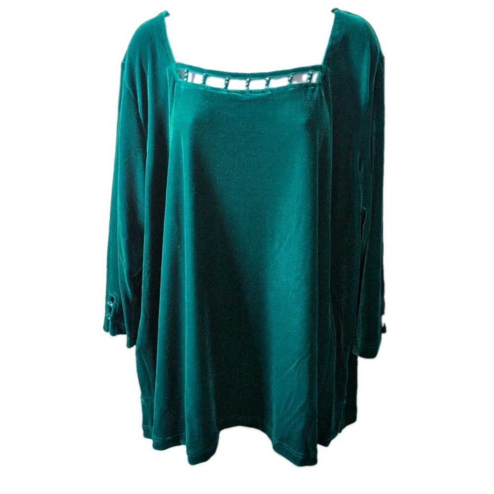 Quacker Factory Emerald Green Velvet Velour Top Rhinestone Square Neck 2X New